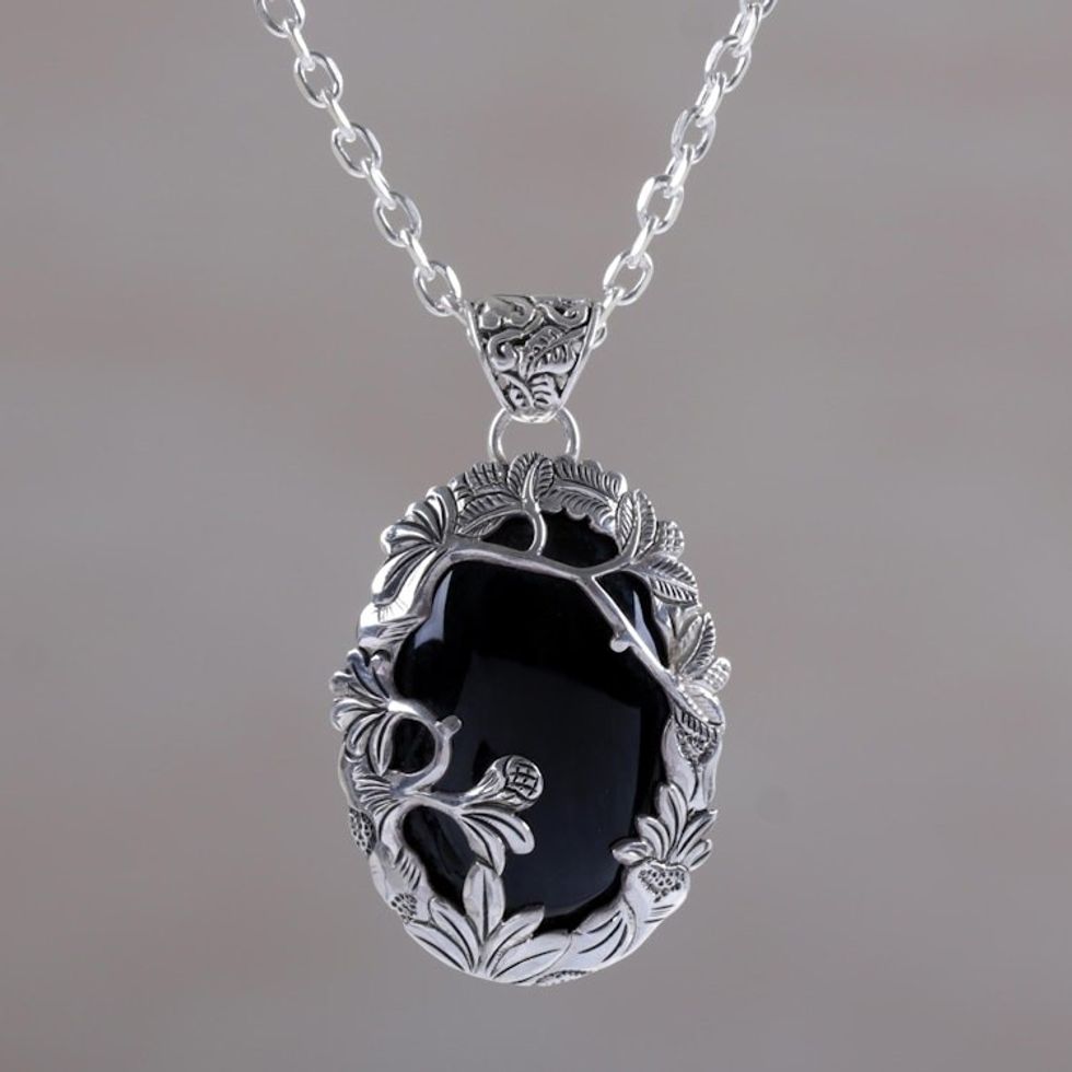 Onyx and Sterling Silver Nature Themed Necklace from Bali 'Dark Woods'