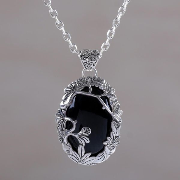 Alternate image for Onyx and Sterling Silver Nature Themed Necklace from Bali Dark Woods