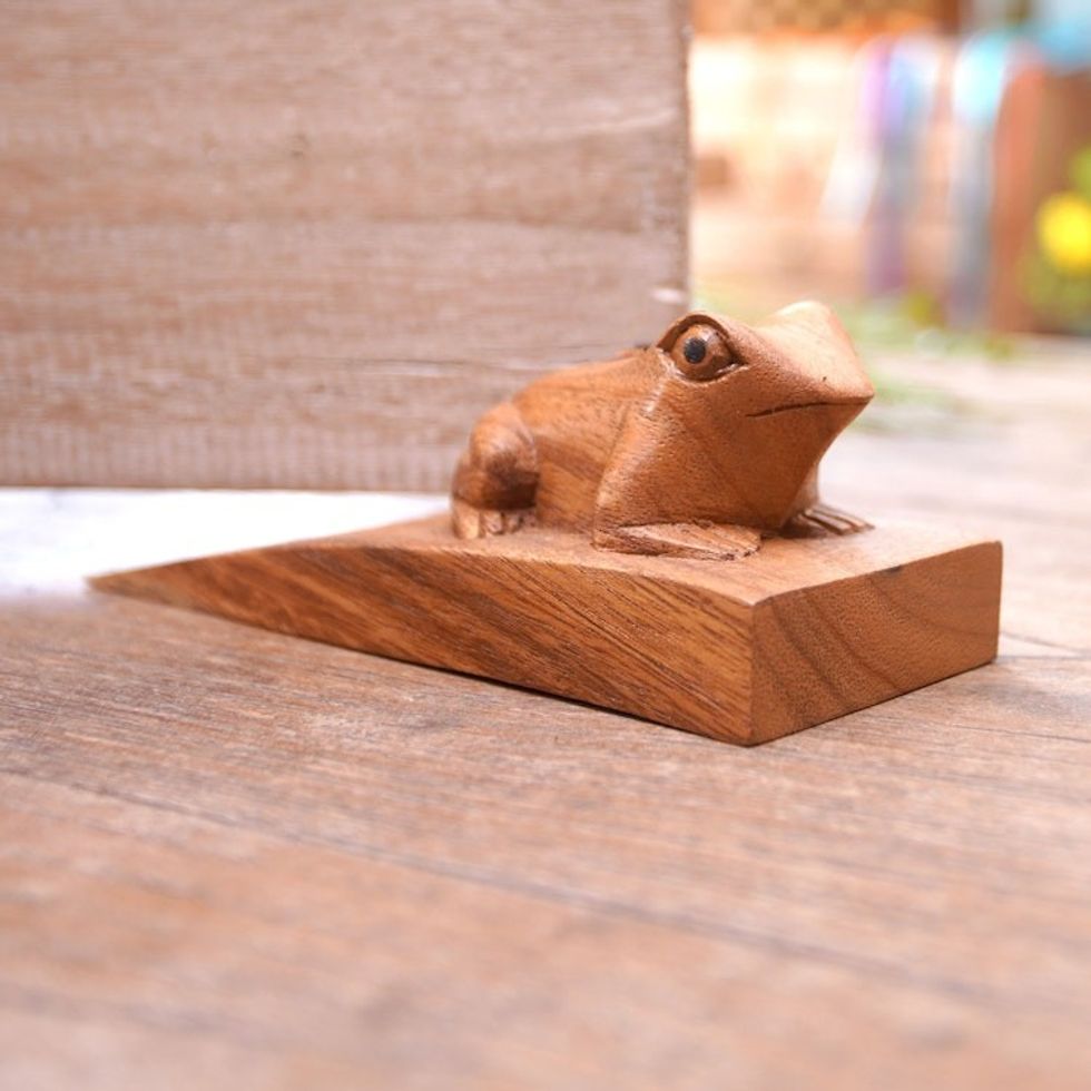 Handcrafted Suar Wood Frog Doorstop in Brown from Bali 'Helpful Toad in Brown'
