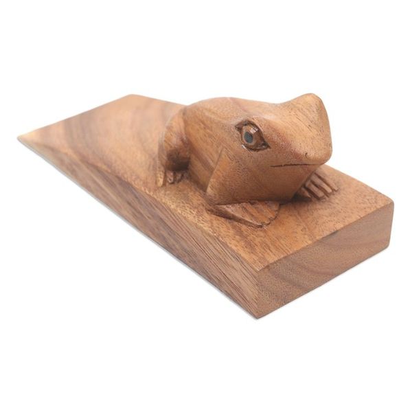 Alternate image for Handcrafted Suar Wood Frog Doorstop in Brown from Bali Helpful Toad in Brown