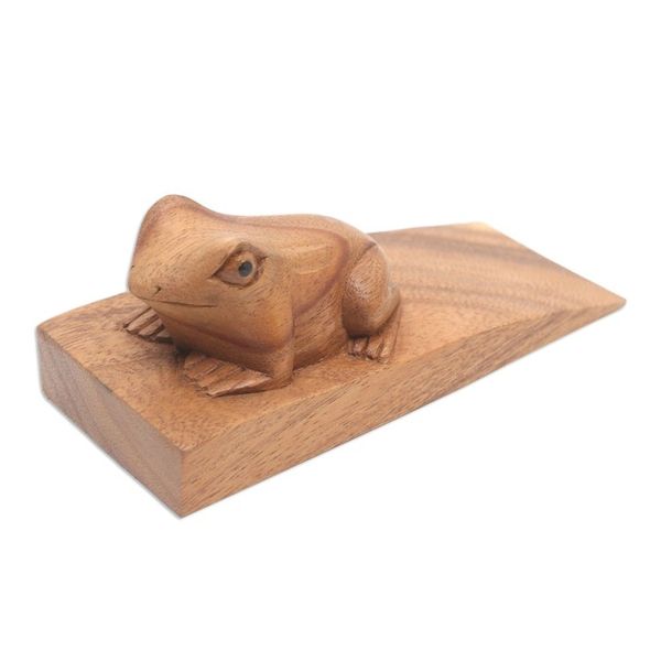 Alternate image for Handcrafted Suar Wood Frog Doorstop in Brown from Bali Helpful Toad in Brown