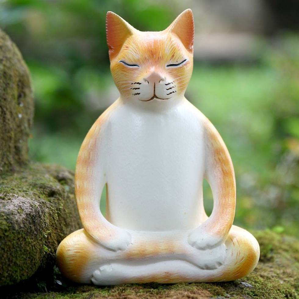 Wood Meditating Cat Statuette in Orange and White from Bali 'Peaceful Kitty in Orange'