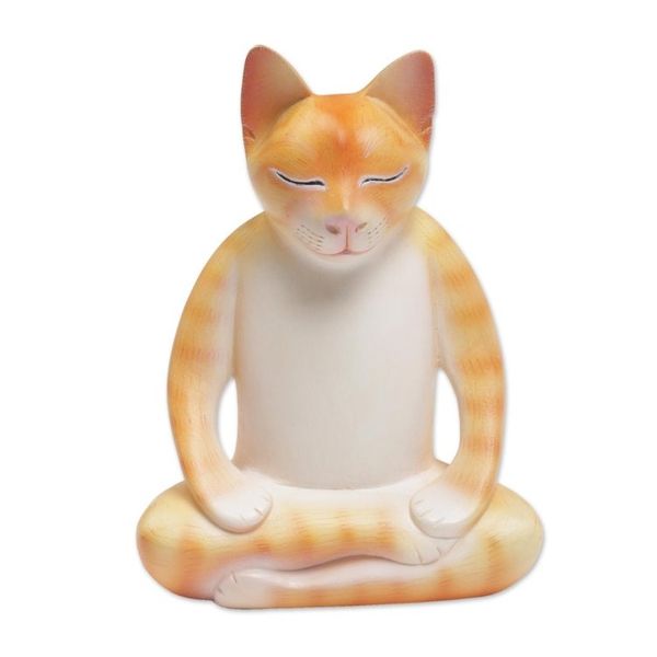 Alternate image for Wood Meditating Cat Statuette in Orange and White from Bali Peaceful Kitty in Orange