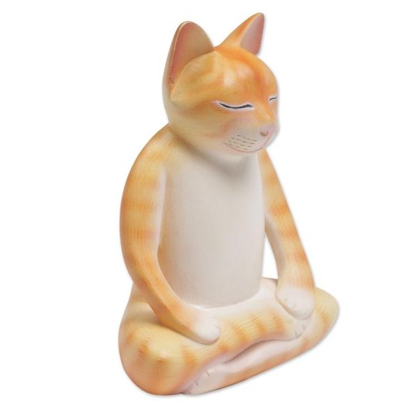 Alternate image for Wood Meditating Cat Statuette in Orange and White from Bali Peaceful Kitty in Orange