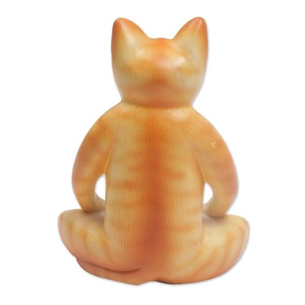 Alternate image for Wood Meditating Cat Statuette in Orange and White from Bali Peaceful Kitty in Orange