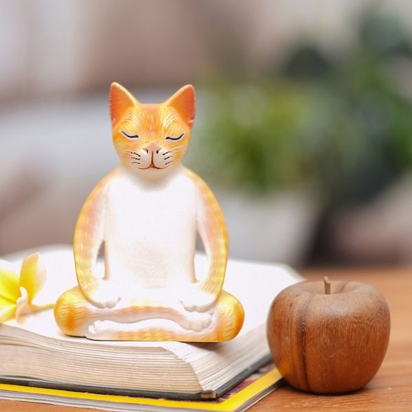 Alternate image for Wood Meditating Cat Statuette in Orange and White from Bali Peaceful Kitty in Orange