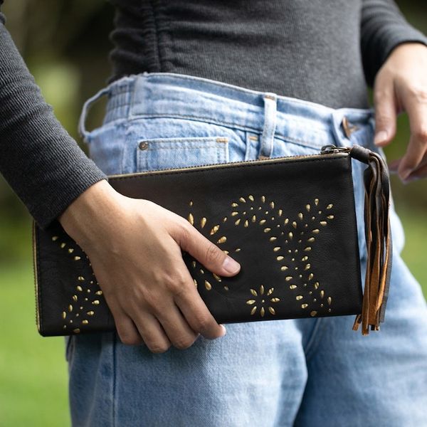 Alternate image for Wallet Clutch Hand Crafted from Dark Brown Leather Prambanan Fireworks in Brown
