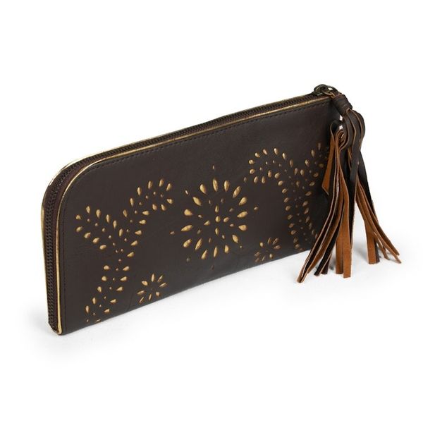 Alternate image for Wallet Clutch Hand Crafted from Dark Brown Leather Prambanan Fireworks in Brown