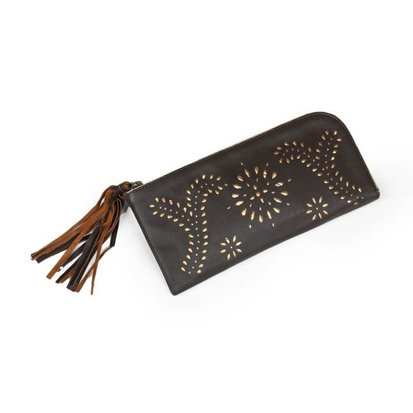 Alternate image for Wallet Clutch Hand Crafted from Dark Brown Leather Prambanan Fireworks in Brown