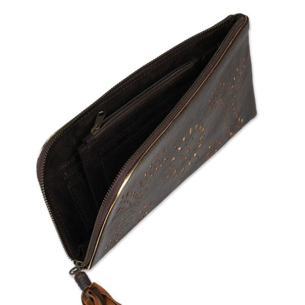 Alternate image for Wallet Clutch Hand Crafted from Dark Brown Leather Prambanan Fireworks in Brown