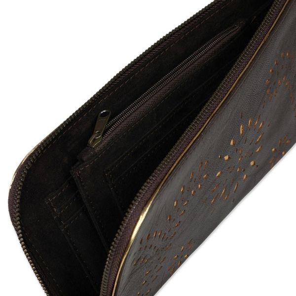 Alternate image for Wallet Clutch Hand Crafted from Dark Brown Leather Prambanan Fireworks in Brown