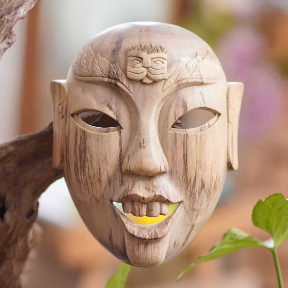 Hand Carved Hibiscus Wood Wall Mask from Indonesia 'Happy Balinese'