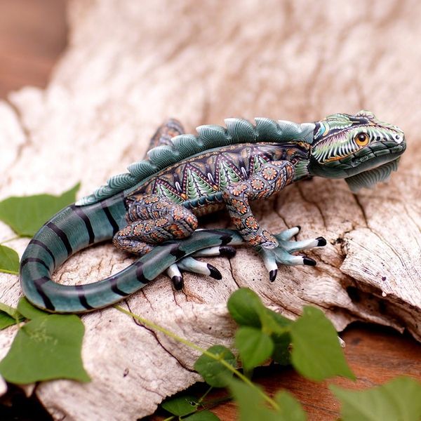Alternate image for Handcrafted Polymer Clay Iguana Sculpture 5.5 Inch Watchful Iguana