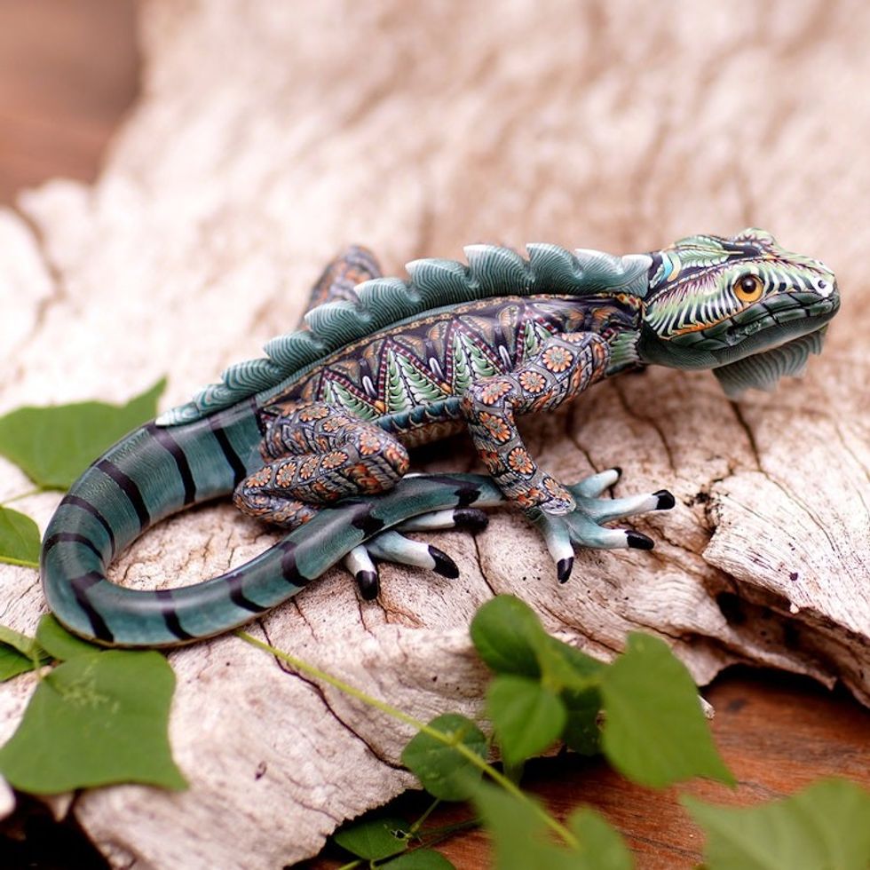 Handcrafted Polymer Clay Iguana Sculpture 5.5 Inch 'Watchful Iguana'