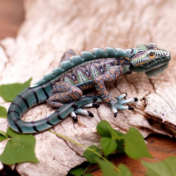 Alternate image for Handcrafted Polymer Clay Iguana Sculpture 5.5 Inch Watchful Iguana