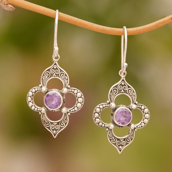 Alternate image for Amethyst Petal Motif Dangle Earrings from Bali Aurora Petals
