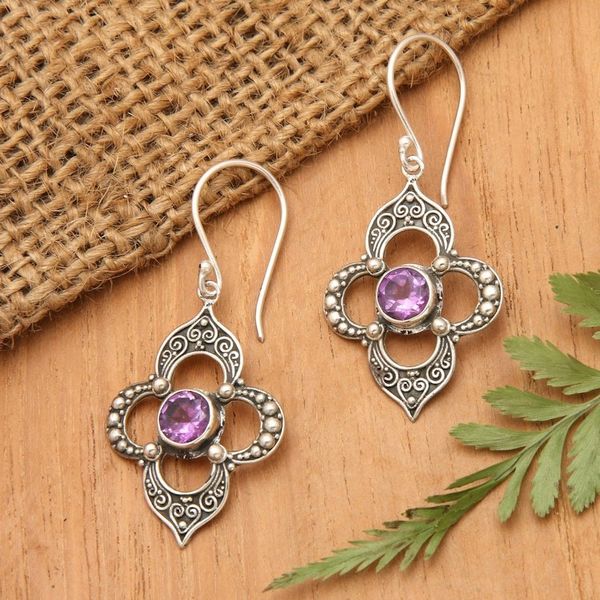 Alternate image for Amethyst Petal Motif Dangle Earrings from Bali Aurora Petals