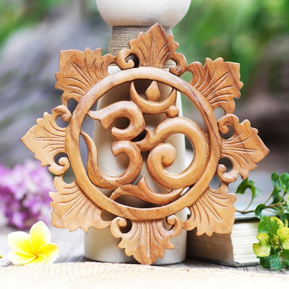 Handcrafted Suar Wood Floral Om Relief Panel from Bali 'Petaled Om'