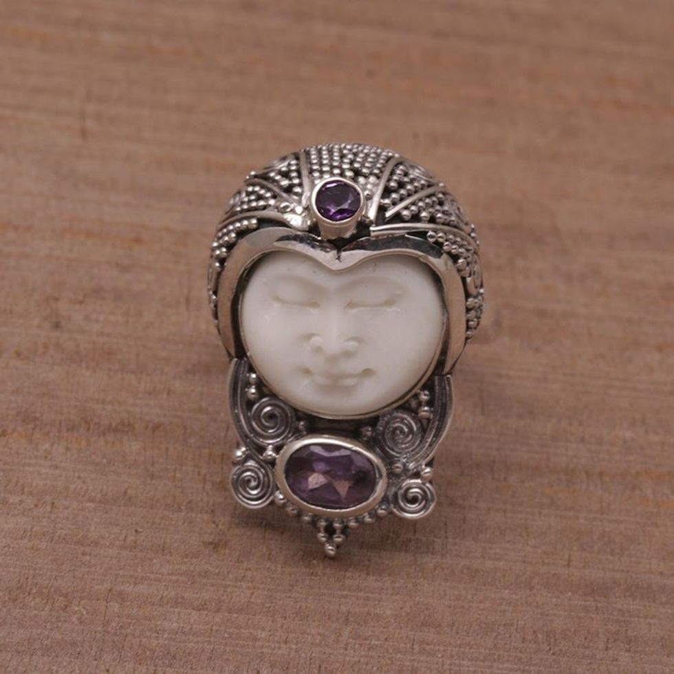 Amethyst and Carved Bone Sterling Silver Celuk Cocktail Ring 'Celuk Prince'