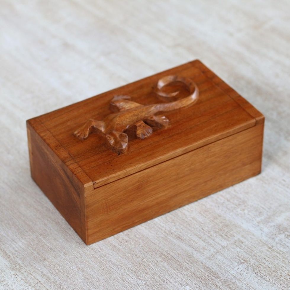 Hand Carved Suar Wood Box with Gecko Lid from Bali 'Forest Gecko'