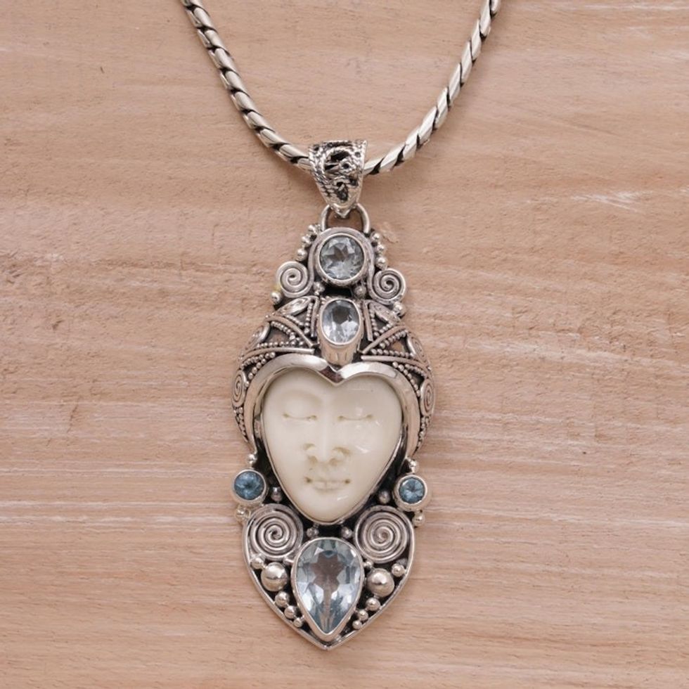Blue Topaz and Sterling Silver Carved Necklace from Bali 'Royal Knight'