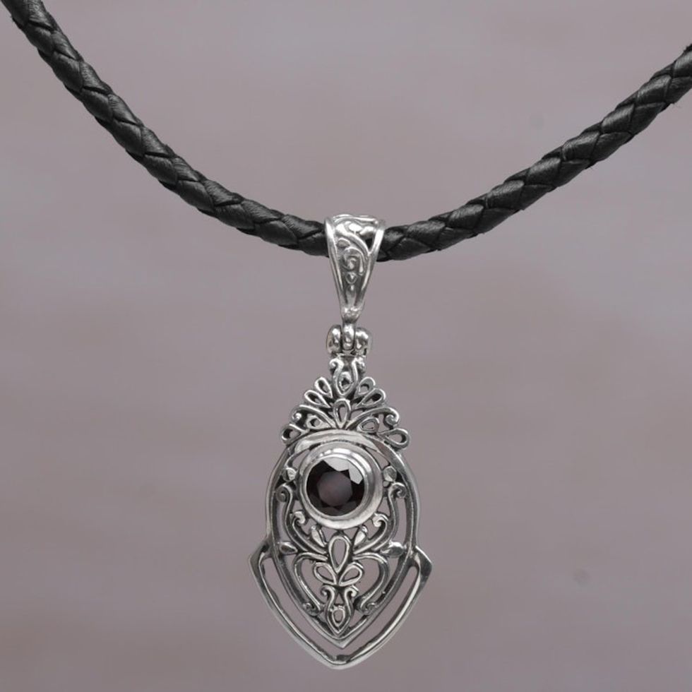 Sterling Silver and Garnet Pendant Necklace from Indonesia 'Bali Amulet in Red'