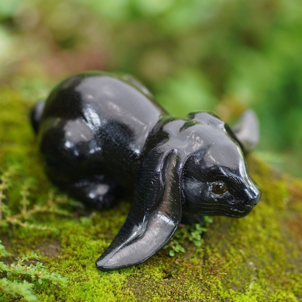 Handcrafted Suar Wood Rabbit Sculpture in Black from Bali 'Begging Rabbit in Black'