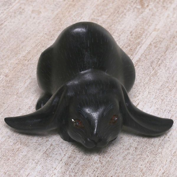 Alternate image for Handcrafted Suar Wood Rabbit Sculpture in Black from Bali Begging Rabbit in Black