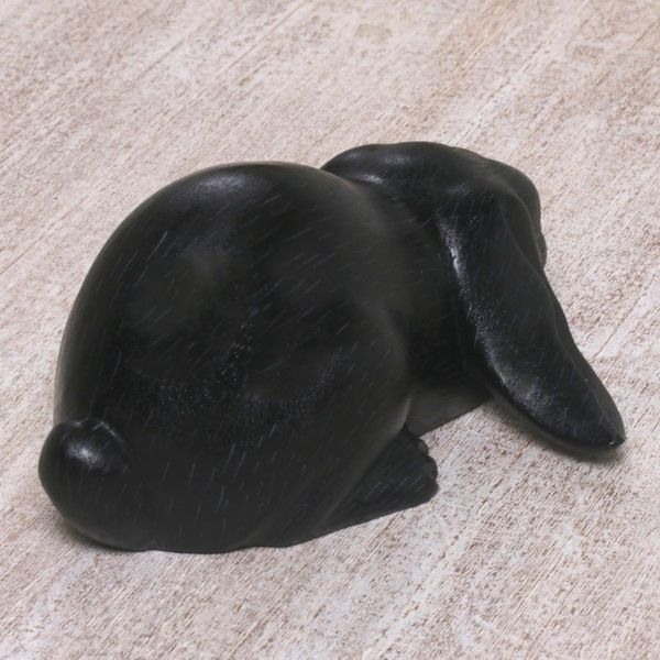 Alternate image for Handcrafted Suar Wood Rabbit Sculpture in Black from Bali Begging Rabbit in Black