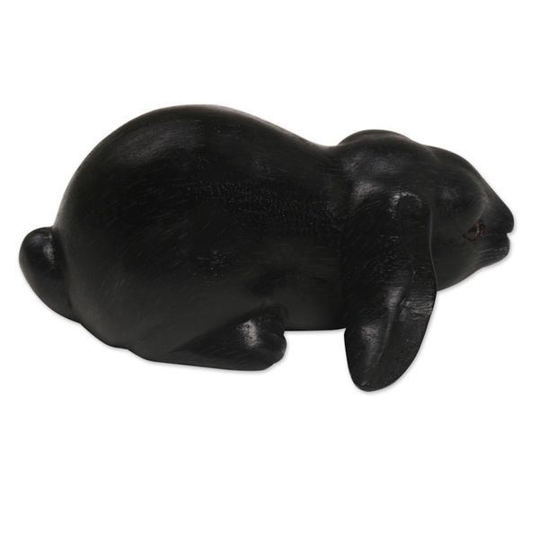 Alternate image for Handcrafted Suar Wood Rabbit Sculpture in Black from Bali Begging Rabbit in Black