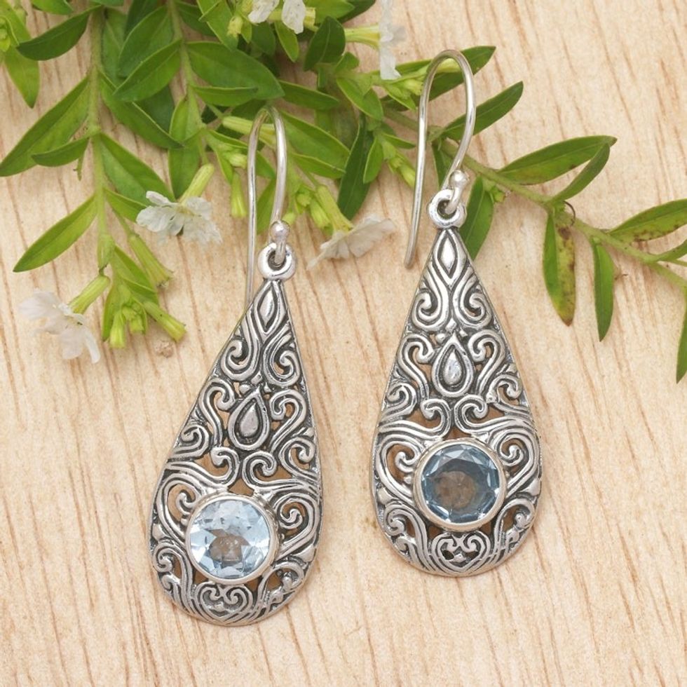 Blue Topaz and Sterling Silver Dangle Earrings from Bali 'Temple Teardrops'