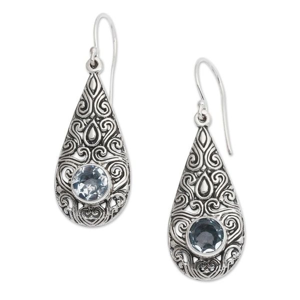 Alternate image for Blue Topaz and Sterling Silver Dangle Earrings from Bali Temple Teardrops