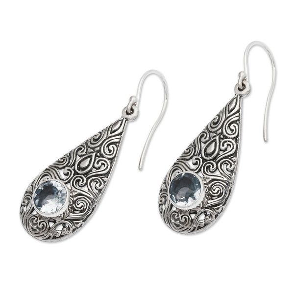 Alternate image for Blue Topaz and Sterling Silver Dangle Earrings from Bali Temple Teardrops