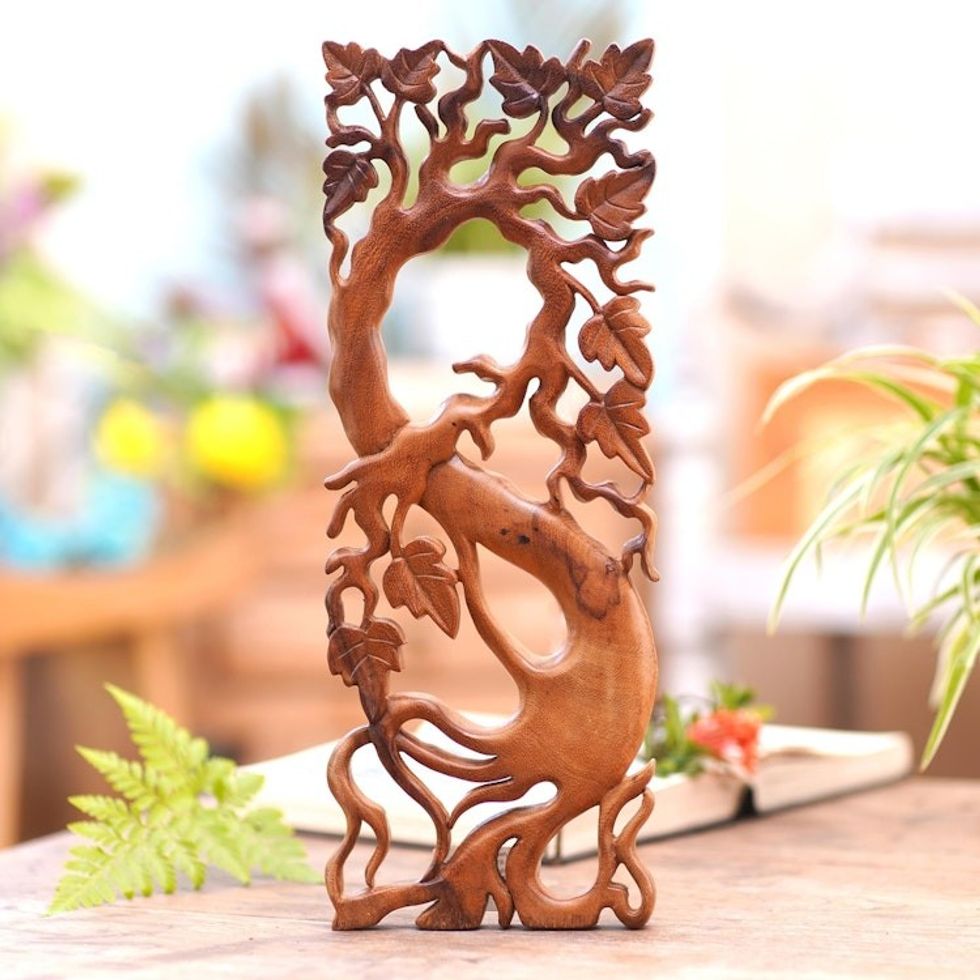 Hand-Carved Decorative Tree Wooden Panel 'Sprouting Tree'