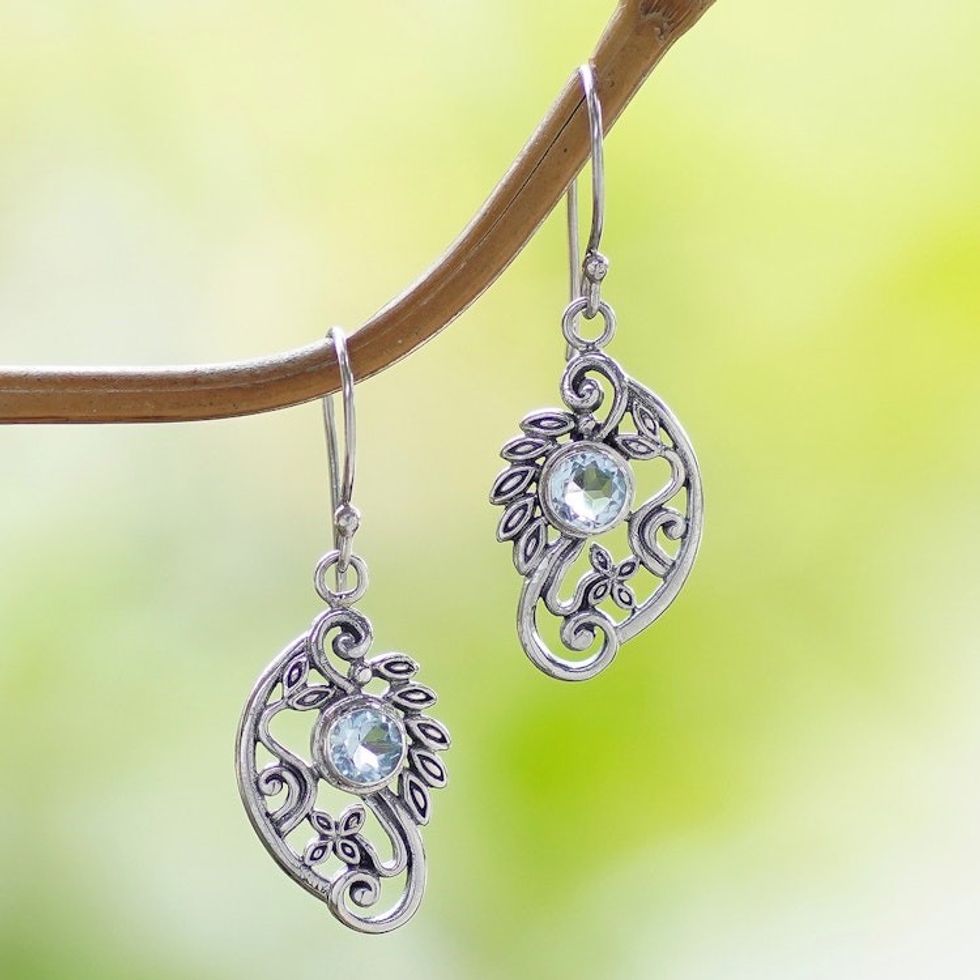 Balinese Blue Topaz and Sterling Silver Swan Theme Earrings 'Proud Swans'