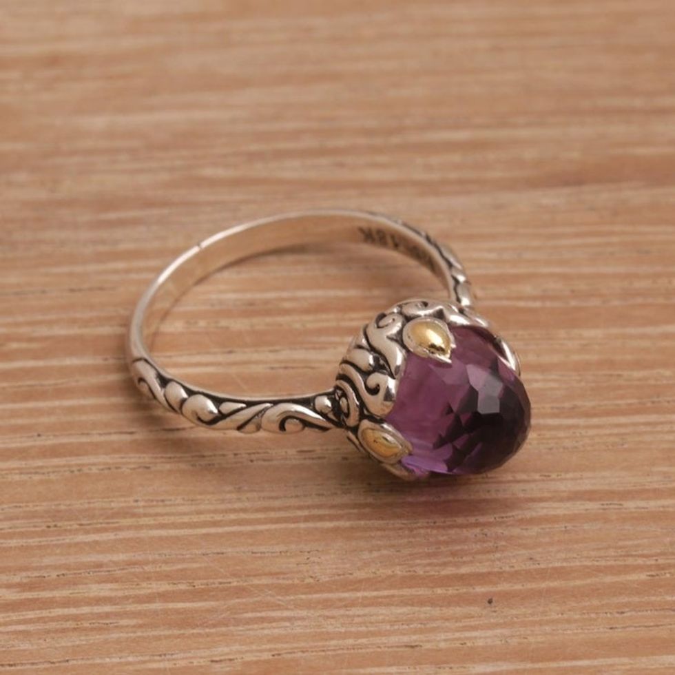 Amethyst Sterling Silver Cocktail Ring with 18k Gold Accents 'Crown of Bali'