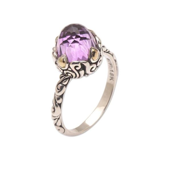Alternate image for Amethyst Sterling Silver Cocktail Ring with 18k Gold Accents Crown of Bali