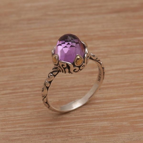 Alternate image for Amethyst Sterling Silver Cocktail Ring with 18k Gold Accents Crown of Bali