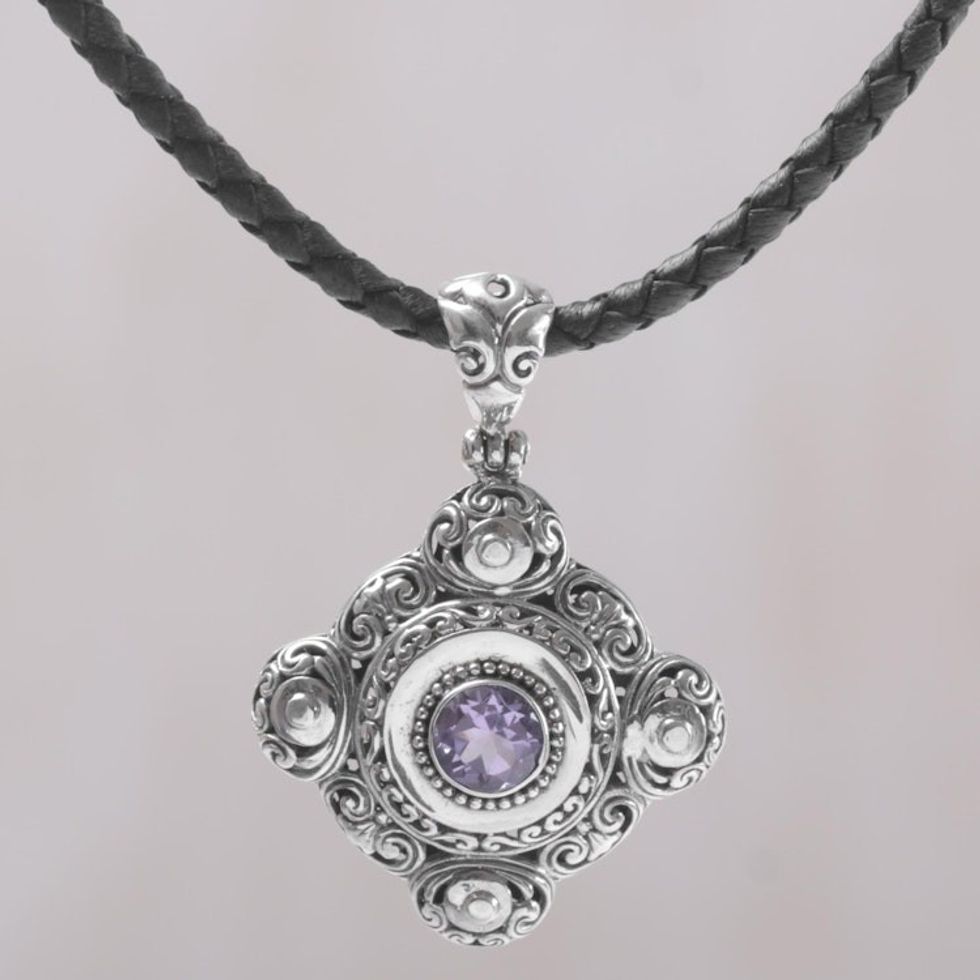 Amethyst and 925 Sterling Silver Pendant Necklace from Bali 'Candi Flower'