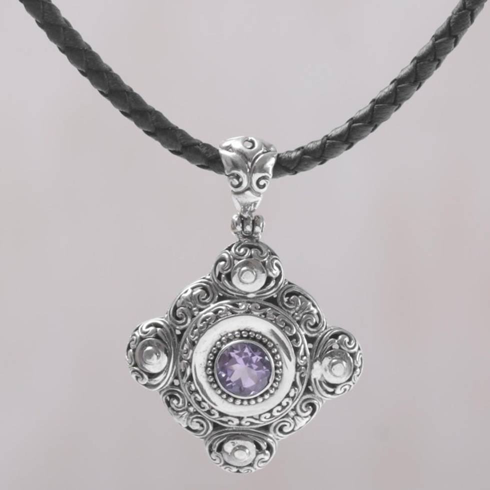Amethyst and 925 Sterling Silver Pendant Necklace from Bali 'Candi Flower'