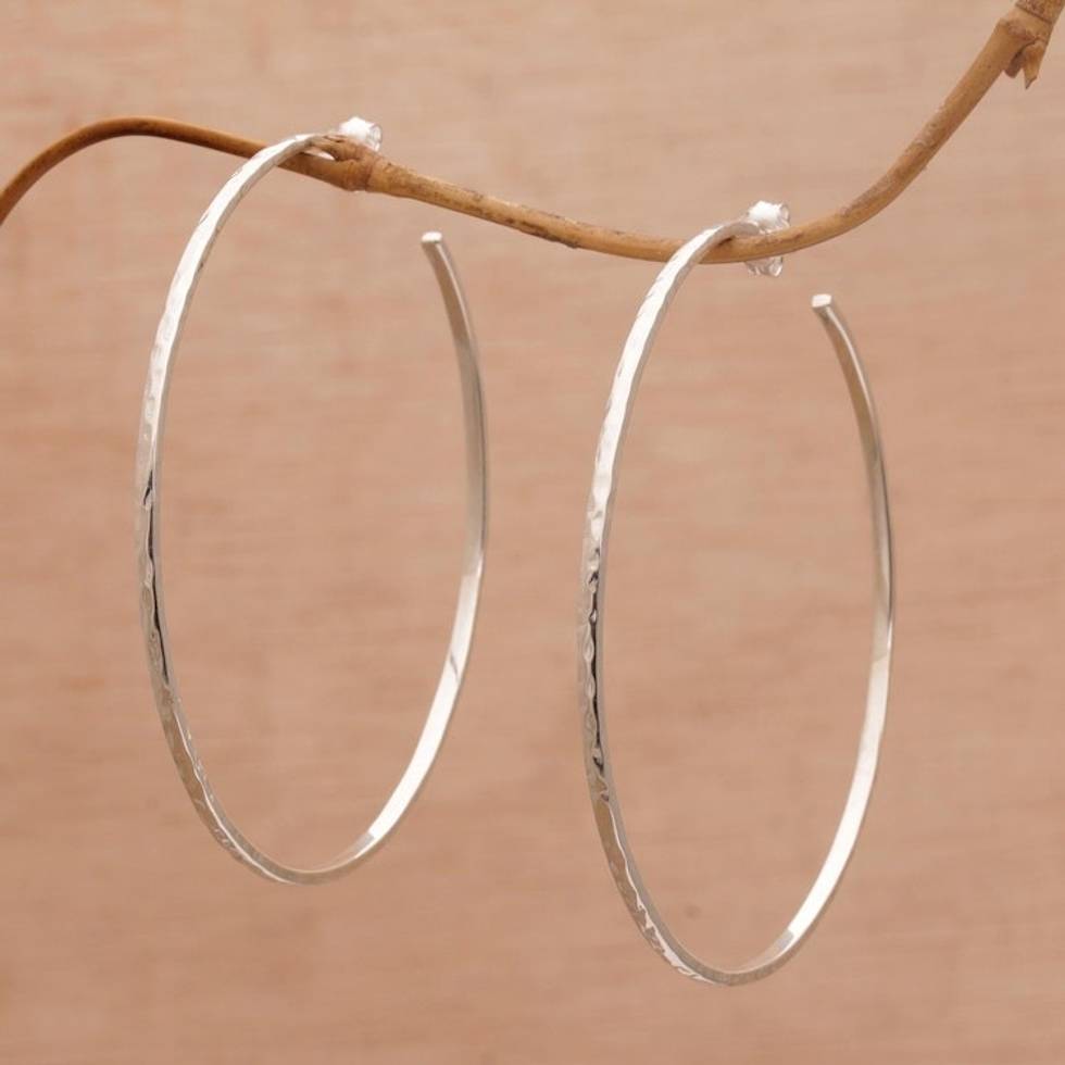 Large Polished Hammered Half-Hoop Silver Earrings 'Hammered Shine'