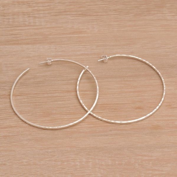 Alternate image for Large Polished Hammered Half-Hoop Silver Earrings Hammered Shine