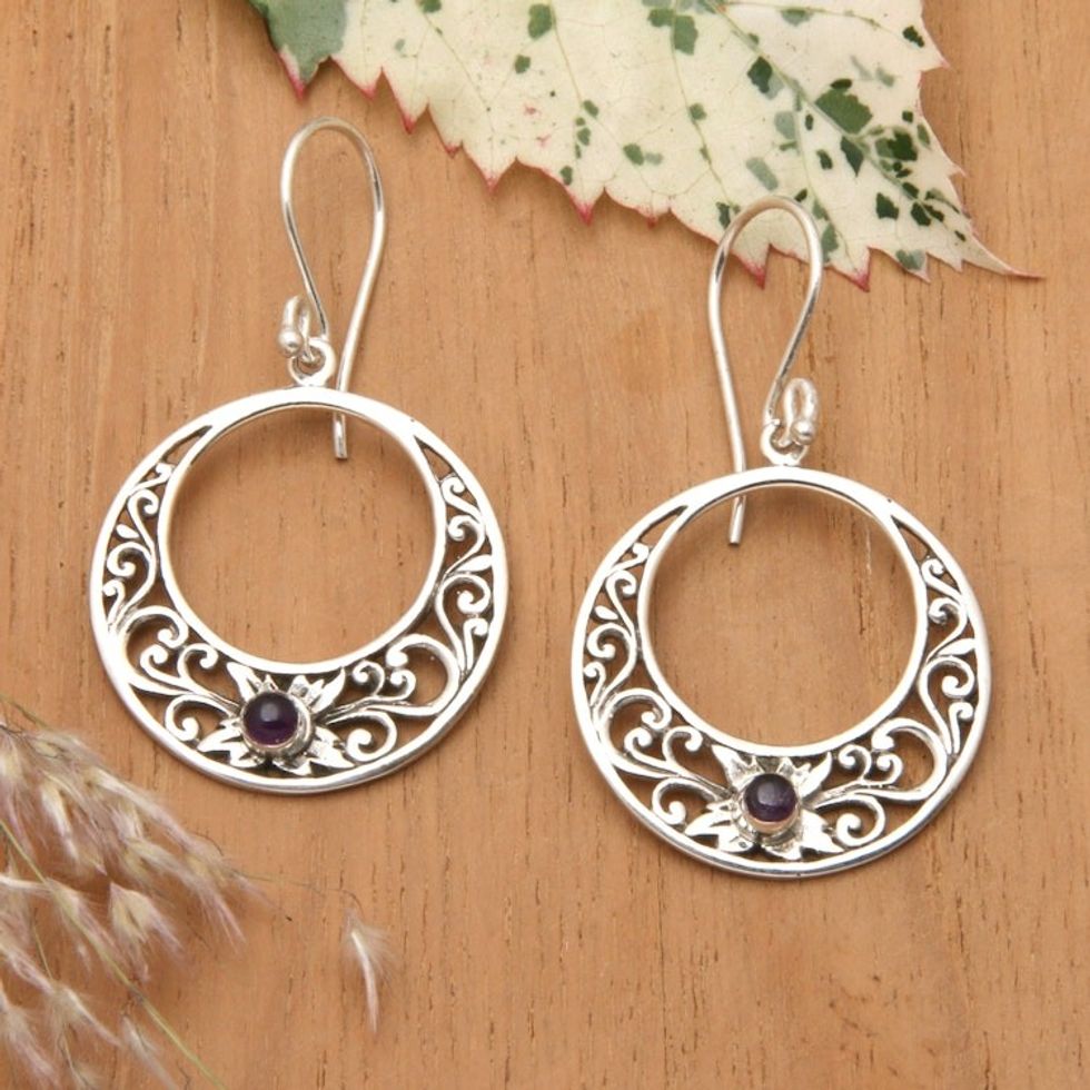 Amethyst and 925 Sterling Silver Dangle Earrings from Bali 'Crescent Spirals'