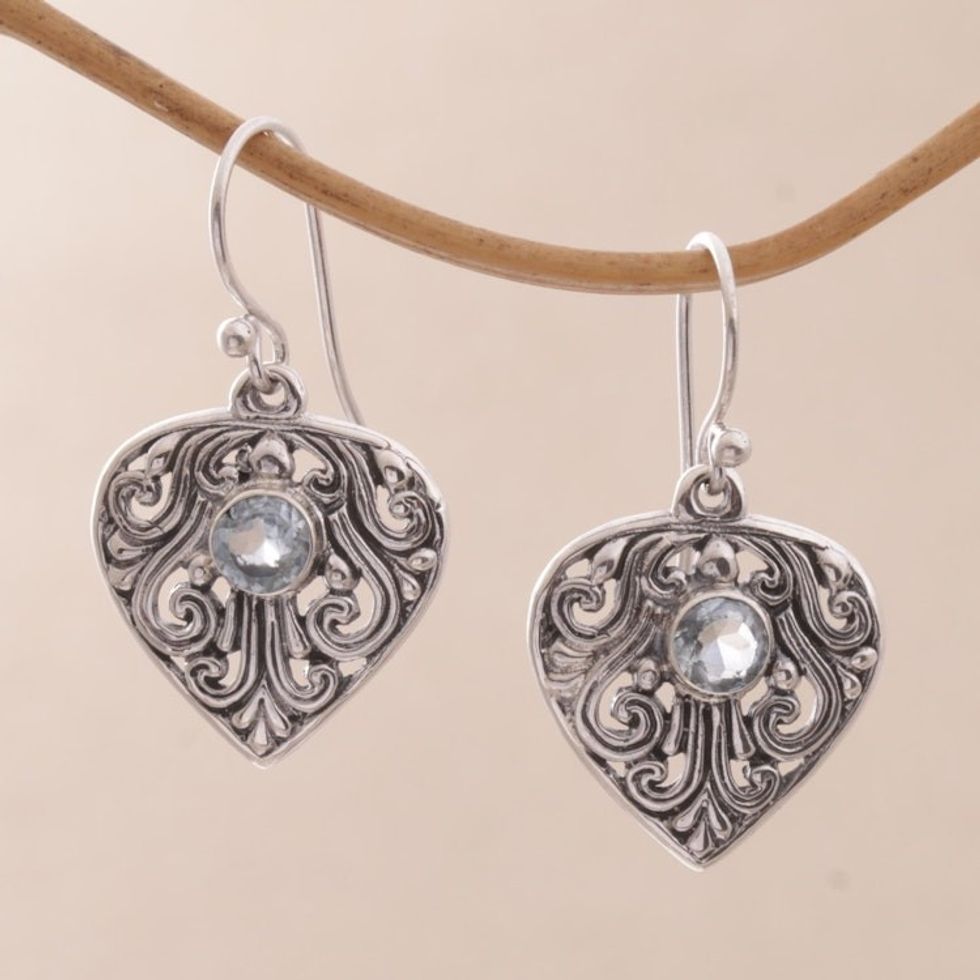 Handmade Sterling Silver and Blue Topaz Dangle Earrings 'Crest of Vines'