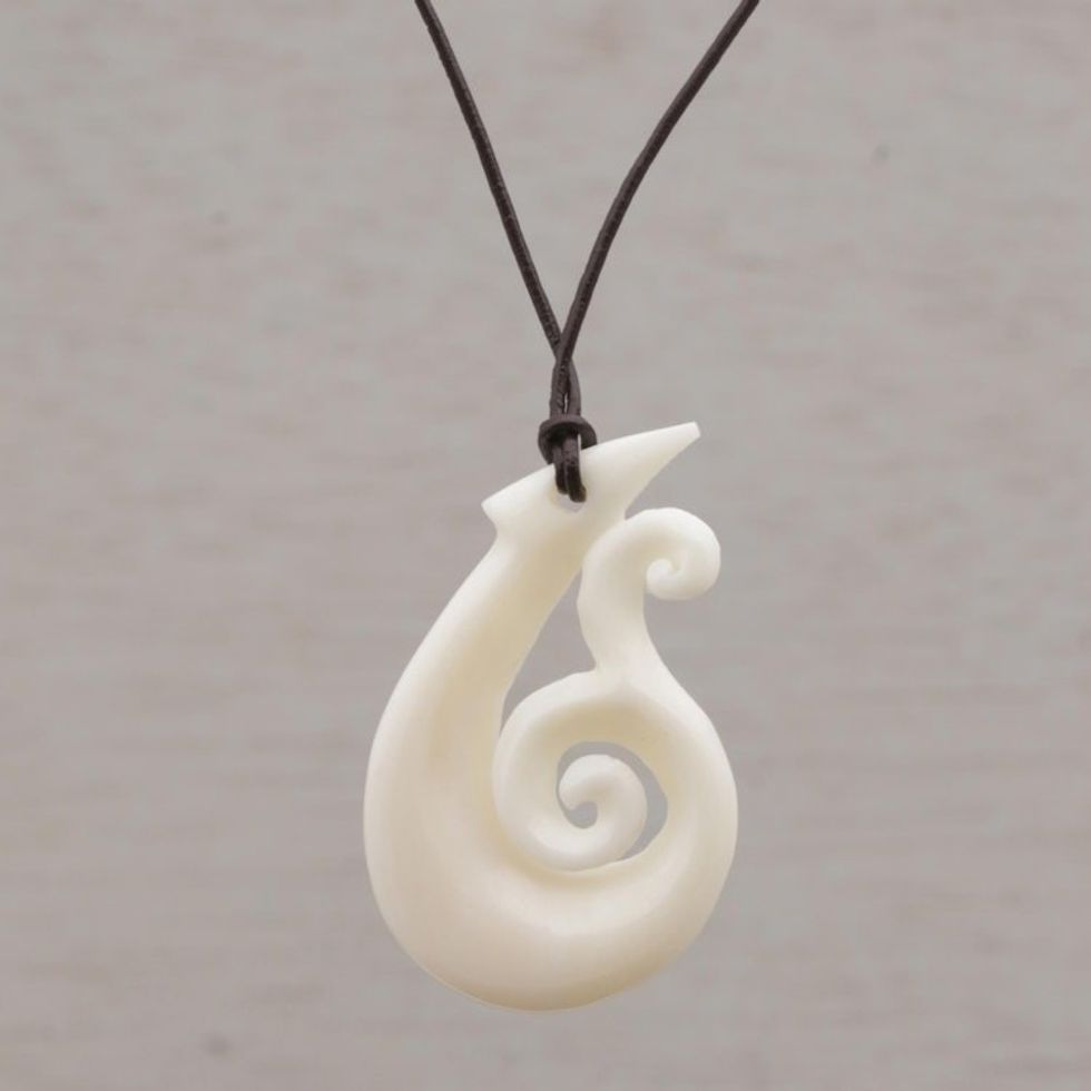 Handcrafted Swirl Motif Bone Pendant Necklace from Bali 'Wavy Hook'