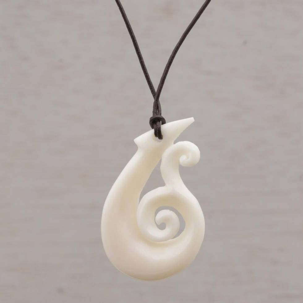 Handcrafted Swirl Motif Bone Pendant Necklace from Bali 'Wavy Hook'