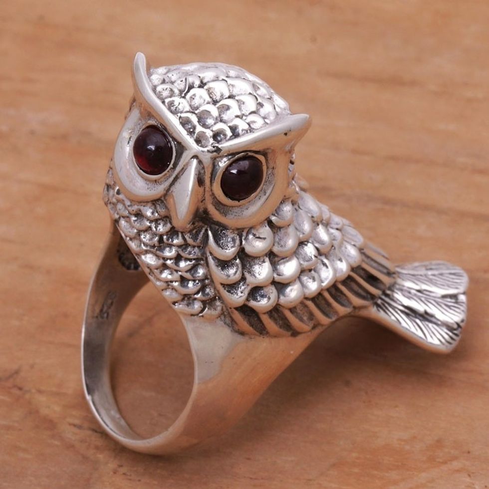 Hand Crafted Sterling Silver and Garnet Cocktail Ring 'Wise Guardian'