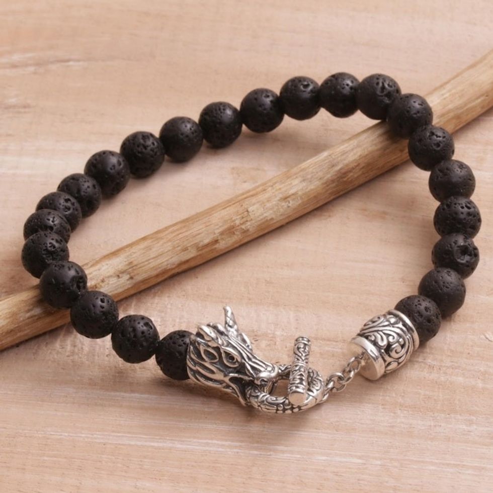 Lava Stone and 925 Silver Beaded Dragon Bracelet from Bali 'Dragon Glory'