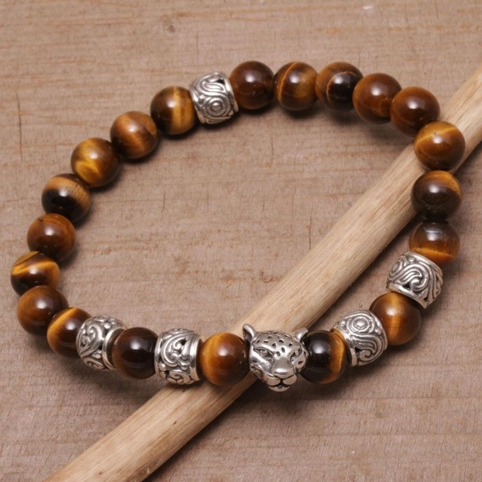 Tiger's Eye Leopard Beaded Stretch Bracelet from Bali 'Leopard Strength'
