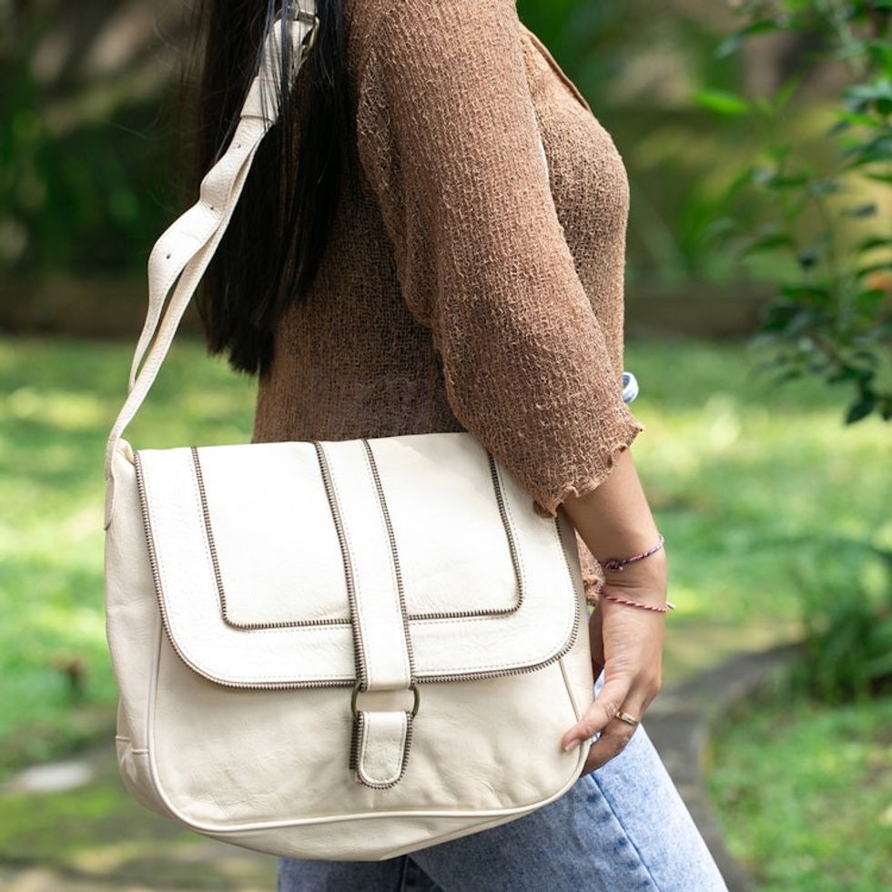 Handcrafted Adjustable Leather Sling in Ivory from Java 'Stylish Companion in Ivory'